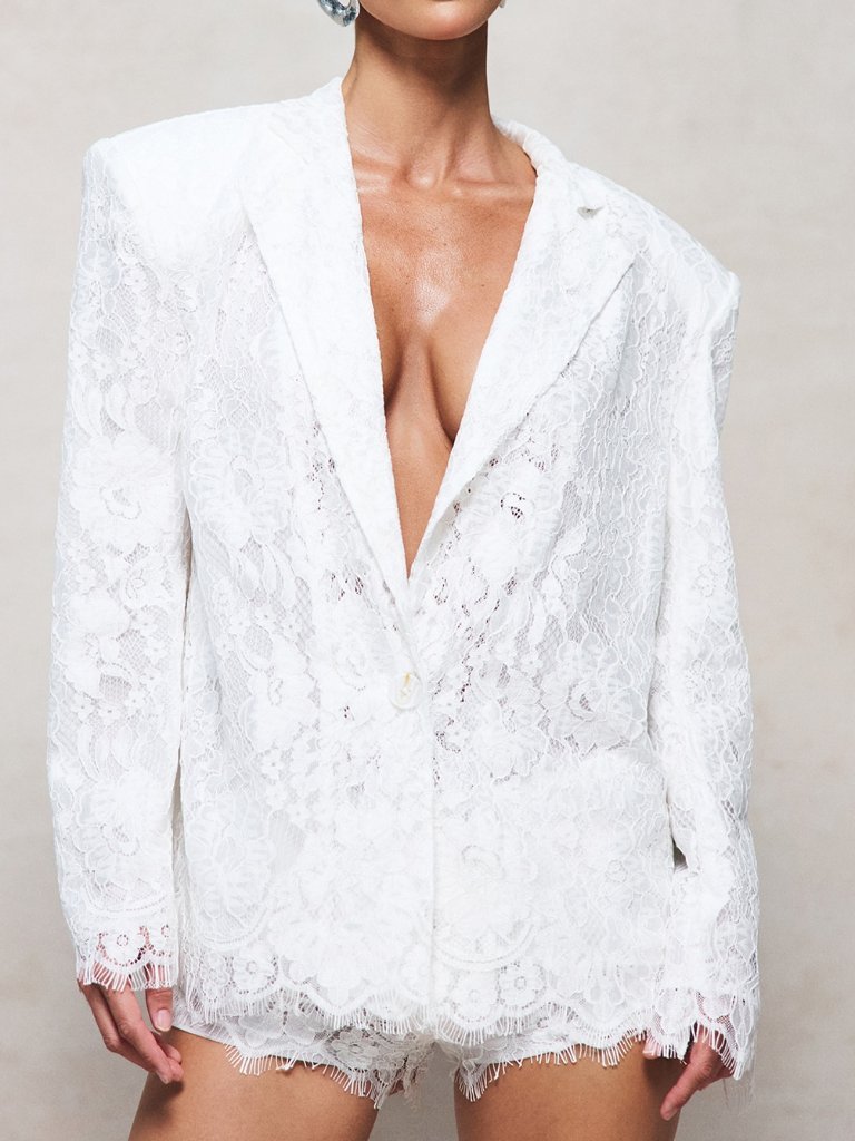 White Elegant Women's Floral Lace Oversized Blazer With V-Neck Sleeves And Hem